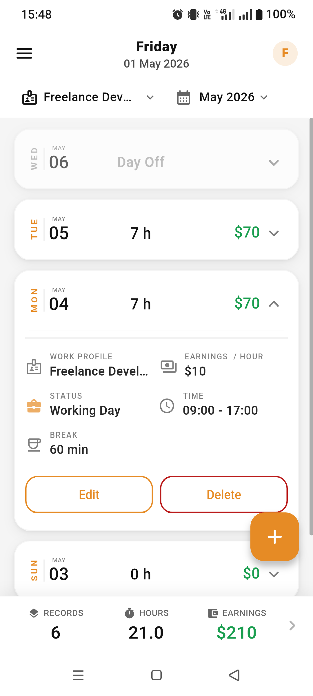 WorkTrack Pro home screen showing daily work hour logs